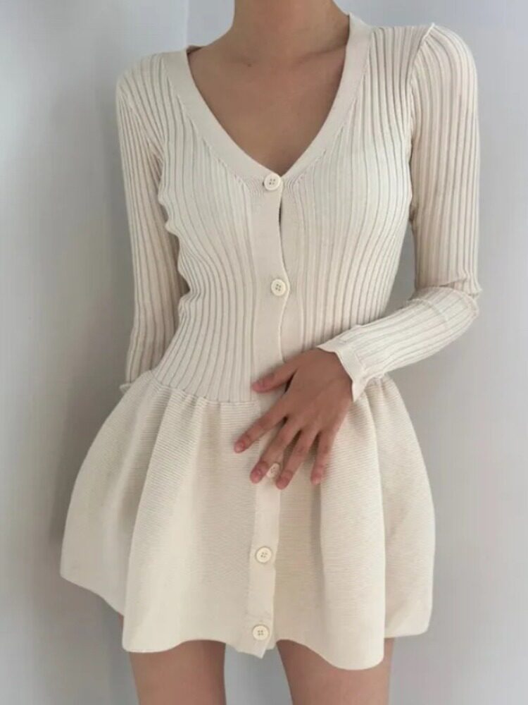 Women's White Knit A-Line Dres - French Vintage Floral Midi Dress ulasan dan harga