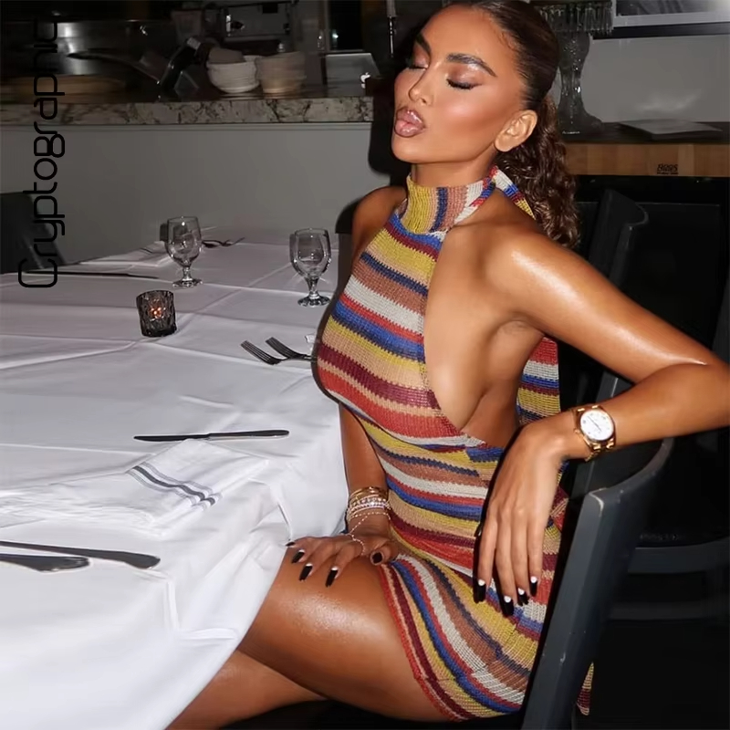 Striped Knit Halter Mini Dress - Y2K Backless Halter Mini Dress ulasan dan harga