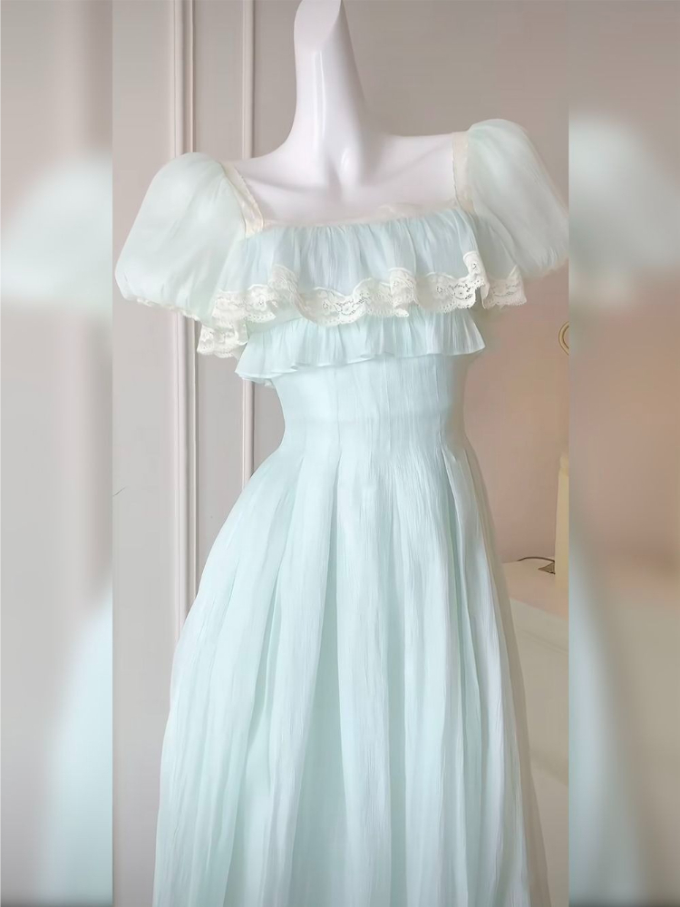 French Vintage Solid Color Squ - French Vintage Floral Midi Dress ulasan dan harga