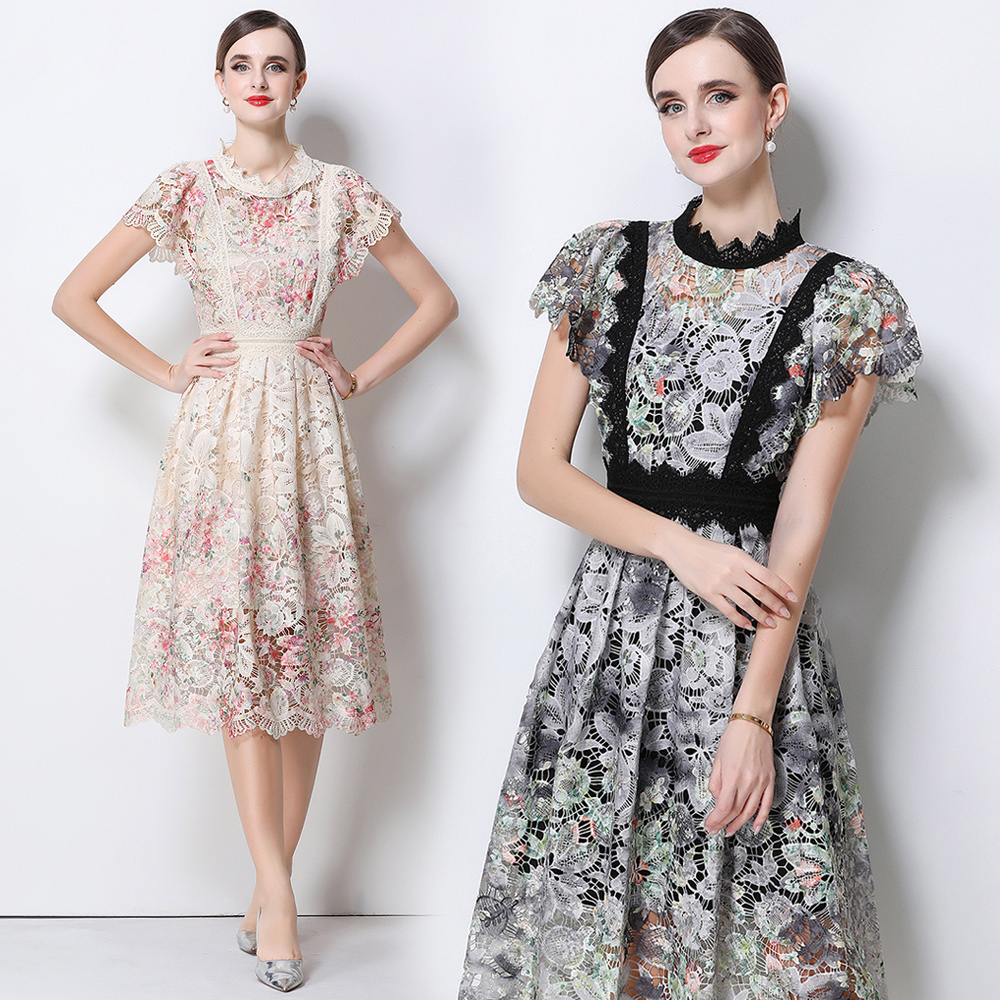 Elegant Lace Embroidery Hollow - French Vintage Floral Midi Dress ulasan dan harga