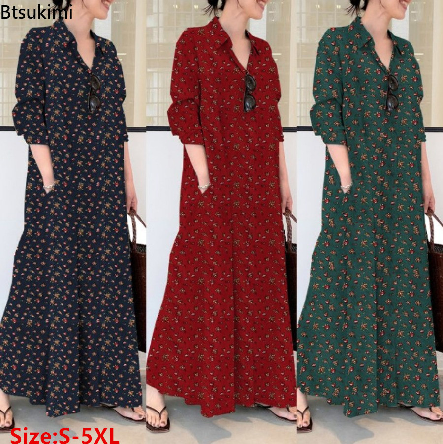 New Women's Print Long Style S - Casual Loose Linen Shirt Dress ulasan dan harga