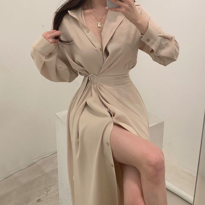 Long Sleeved Lapel Shirt Style - Korean Style A Line Shirt Dress ulasan dan harga