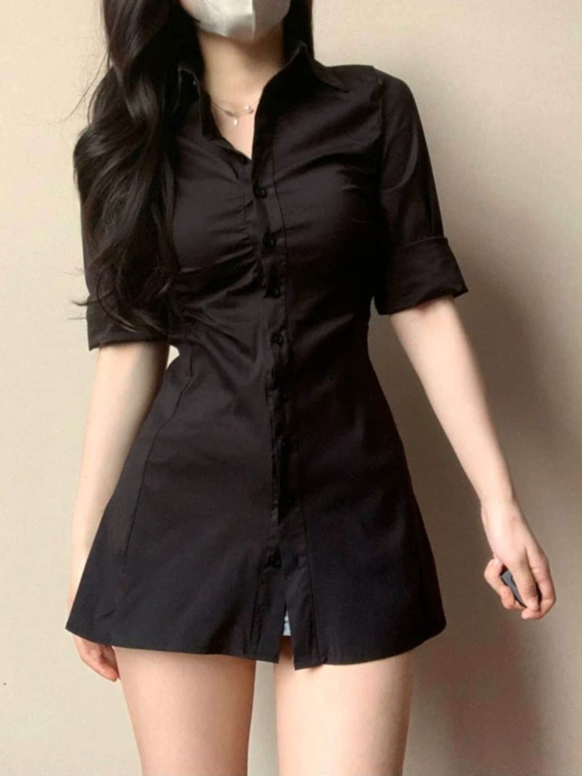 Sexy Pleated Waist-Cinching Sh - Korean Style A Line Shirt Dress ulasan dan harga