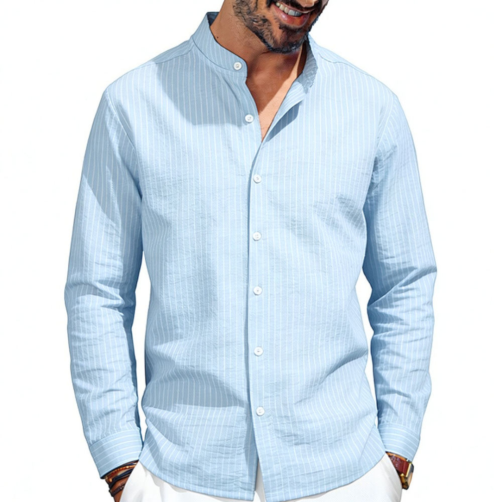 Mens Stand Collar Linen Shirt  - Casual Loose Linen Shirt Dress ulasan dan harga