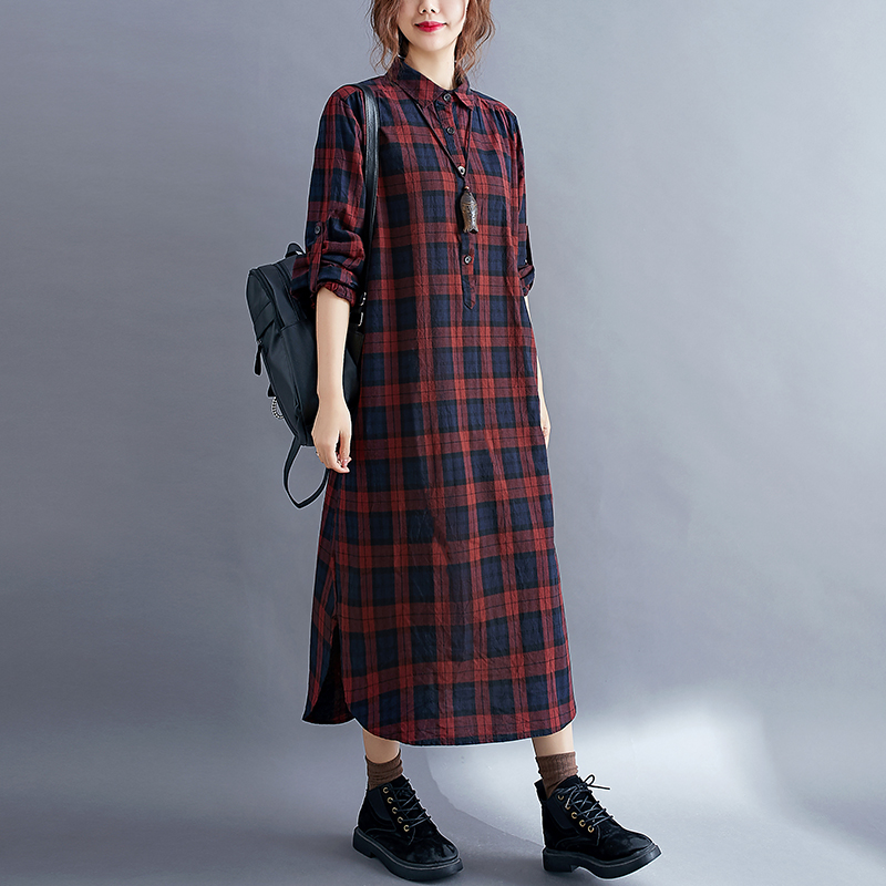 Casual Plaid Long Sleeve Shirt - Korean Style A Line Shirt Dress ulasan dan harga