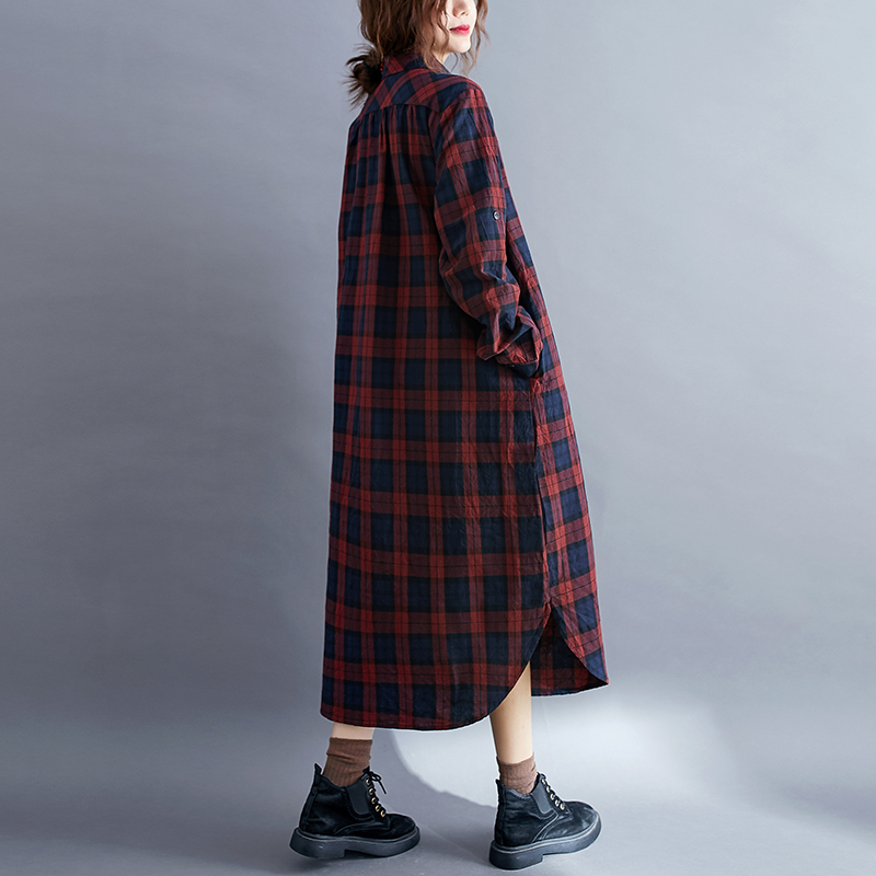 Casual Plaid Long Sleeve Shirt - Korean Style A Line Shirt Dress ulasan dan harga