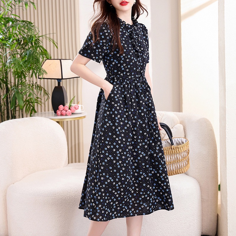 Vintage Navy Blue Floral Print - French Vintage Floral Midi Dress ulasan dan harga