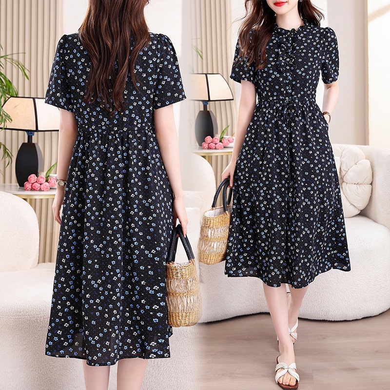 Vintage Navy Blue Floral Print - French Vintage Floral Midi Dress ulasan dan harga