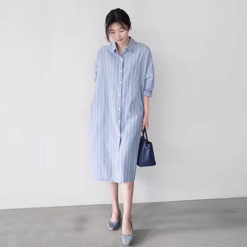Blue Striped Shirt Dress Women - Korean Style A Line Shirt Dress ulasan dan harga