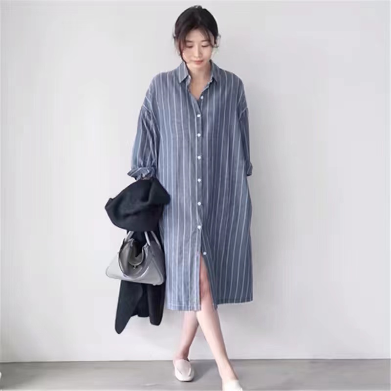 Blue Striped Shirt Dress Women - Korean Style A Line Shirt Dress ulasan dan harga
